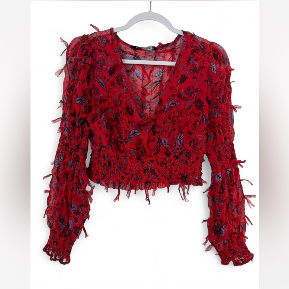 Zara Red Floral V-Neck Smocked Crop Top